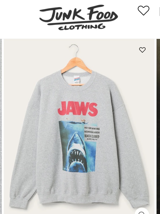 Junk Food Clothing Tops - Junk Food Clothing JAWS Crewneck Sweatshirt - Gray with Red & Blue Graphic